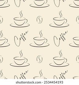 Cups of coffee and coffee beans Brown line art drawings and calligraphic lettering on beige background Vector seamless pattern