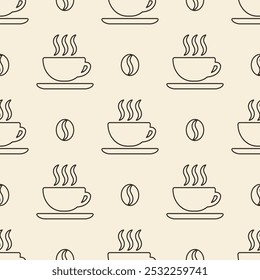 Cups of coffee and coffee beans Brown outline icons on beige background. Vector seamless pattern.