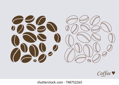 Cups of coffee beans in color and outlines style. Vector illustration. 