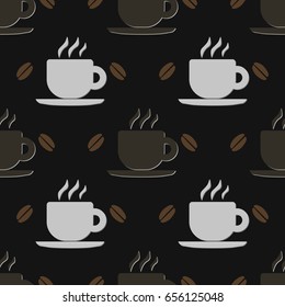 Cups and coffee beans. Food and drink pattern. Vector illustration. Wallpaper, print packaging, textiles. Vector seamless background