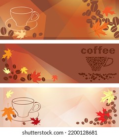 cups with coffee beans on brown backgrounds - vector template for autumn cafe