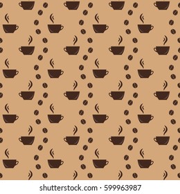 Cups and coffee beans. Wallpaper, print packaging, textiles. Vector seamless background