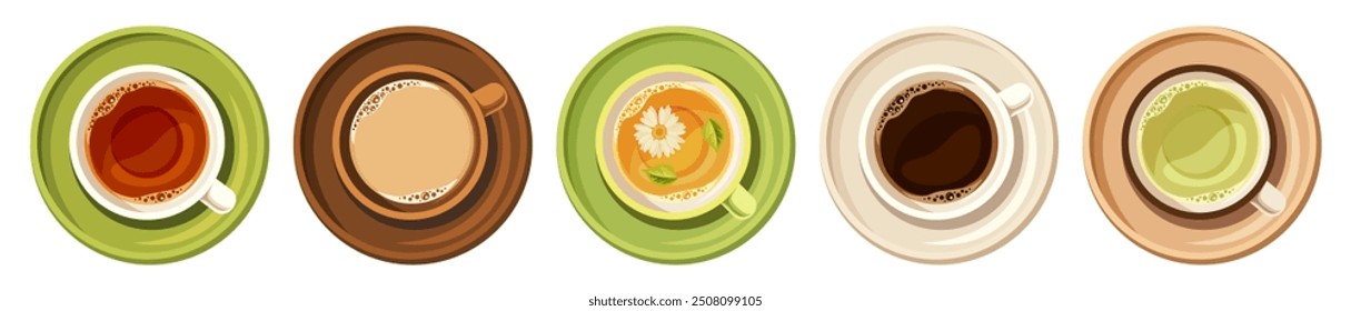 Tassen Kaffee, schwarzer Tee, grüner Tee und Kräutertee einzeln auf weißem Hintergrund. Farbenfrohe Tee- und Kaffeetassen Draufsicht. Satz von Vektorgrafiken. Handgezeichnete Illustration, nicht KI