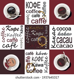 Cups of coffee and cocoa are on saucers. The cups are located on a brown background at the corners of the picture. In the center on brown and around the edges on the background the words coffee and co