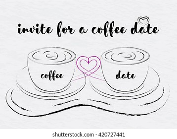 Cups of coffee connected with heart. Hand drawn in black and white on paper texture.