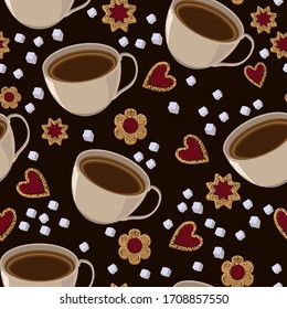 Cups of coffee, cookies, sugar vector seamless pattern for decoration, packaging.