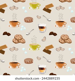Cups with coffee and cookies.Vector seamless pattern with cups, cookies and sugar cubes on a colored background.