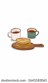 cups of coffee with delicious pancake on Wood dish