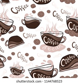 Cups with coffee drinks for the cafeteria menu, promote the shop. Vector seamless pattern. Decorative light background for wallpaper, recipes or wrapping paper