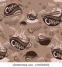 Cups with coffee drinks - Vector seamless pattern. Decorative chocolate background for cafeteria menu, promote the shop. Wallpaper, cover or wrapping paper