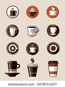 Cups with coffee drinks.Vector set of emblems and stickers with coffee cups.The images are created without the use of any artificial intelligence software at any stage.