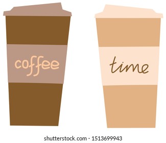 Cups of coffee with hand drawn text "coffee" and "time" 