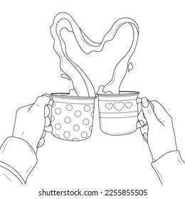 Cups of coffee in the hands of a man and a woman. Heart shape.Coloring book antistress for children and adults. Illustration isolated on white background.  Simple drawing.Hand draw