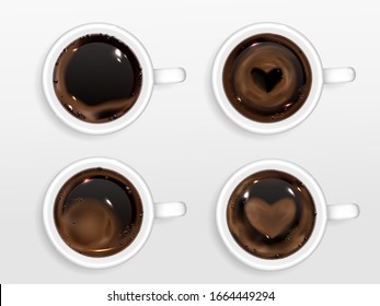 Cups of coffee with heart shape from cream foam. Vector realistic set of hot espresso, cappuccino in mugs with latte art isolated on white background in top view