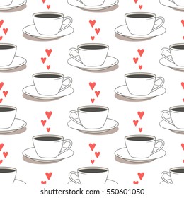 Cups of coffee icons hand drawn seamless pattern. Colorful illustration, set of cups and hearts. Decorative wallpaper, good for printing
