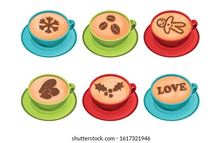 Cups of Coffee with Latte Art on Top Vector Set