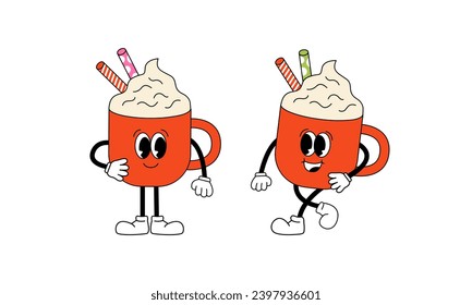 Cups of coffee latte with candies. Vector illustration on isolated background. Cute retro character mascots