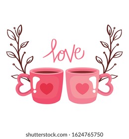 cups coffee with love lettering and leafs vector illustration design
