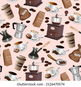 Cups and coffee makers in a pattern.Coffee, coffee drinks in cups and coffee makers on a colored background in a seamless vector pattern.