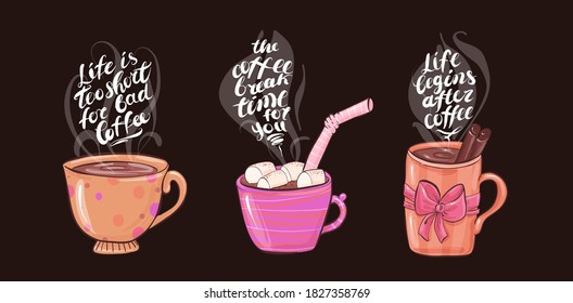 Cups with coffee and marshmallows, delicious hot drink drawn in cartoon flat style. Vector for design t-shirts typography cards and posters.