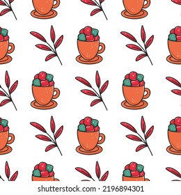 Tazas de café con malvaviscos sin fisuras de otoño. Ambiente acogedor con una bebida caliente. Impresión estacional colorida para el embalaje, el textil, el papel y la ilustración vectorial de diseño