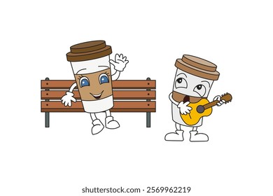 Cups of coffee on a bench with a guitar. Cartoon characters. Hand-drawn vector illustration.