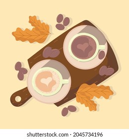 cups of coffee on cutting board