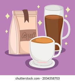 cups with coffee and pack cartoon