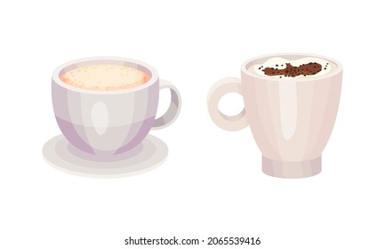 Equipo de tazas de café. Bebida caliente de Aroma en ilustración vectorial de taza de cerámica blanca