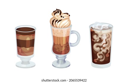 Equipo de tazas de café. Bebida caliente aromática en tazas de vidrio ilustración vectorial