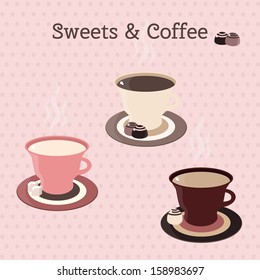 Cups of coffee and some sweets. Vector illustration