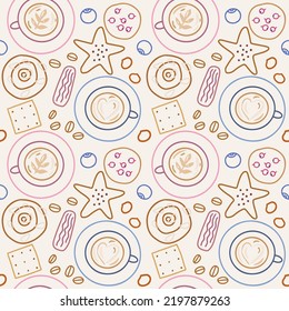 tazas de café y dulces en línea de arte, estilo doodle. Patrón de descanso del café. Ilustración vectorial dibujada a mano.