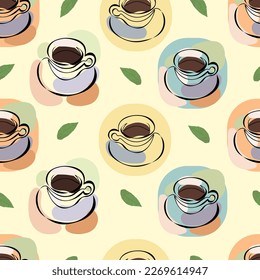 Cups of coffee or tea with green leaves. Seamless pattern. Vector illustration for menus, advertising, printing and textiles. EPS 10.