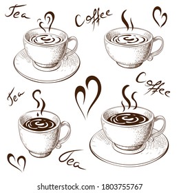 cups of coffee or tea with saucer and lettering isolated on white. coffee love hand drawn sketch. Engraved vector illustration of coffee or tea mugs. hot drinks doodle drawing. for cafe menu design