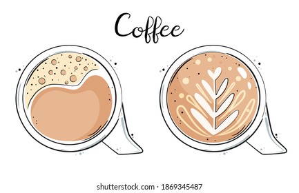 Cups von Kaffee Draufsicht. Warmes Getränk. Vektorgrafik.