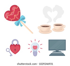 Cups with coffee, valentine, lamp, lock with key. Romantic set collection icons in cartoon style vector symbol stock illustration web.