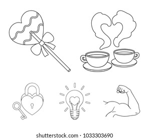 Cups with coffee, valentine, lamp, lock with key. Romantic set collection icons in outline style vector symbol stock illustration web.