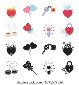 Cups with coffee, valentine, lamp, lock with key. Romantic set collection icons in black,cartoon style vector symbol stock illustration web.