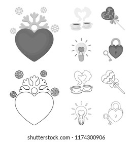 Cups with coffee, valentine, lamp, lock with key. Romantic set collection icons in outline,monochrome style vector symbol stock illustration web.