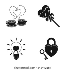 Cups with coffee, valentine, lamp, lock with key. Romantic set collection icons in black style vector symbol stock illustration web.