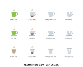 Cups of coffee vector color icons set. Break and beverage concept. Items for advertising in shops and restaurants, ending coffee cup, tea cups, brokemn cups, plastic cups. Isolated on white background