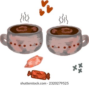 Cups mit Kaffee. Vektorgrafik im naiven Stil, raue Oberfläche. Zeichensatz, Konstruktionselemente