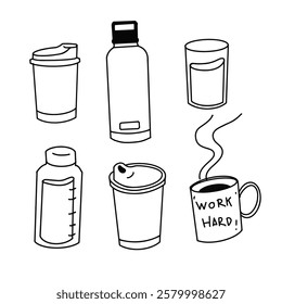 Cups of coffee and water hand drawn doodle style for habit tracker sticker . Stationery notebook on isolate background. 