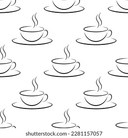 Cups of coffee. White line art on white background vector seamless pattern. Best for textile, cafe decor, wallpapers, wrapping paper, package and web design.