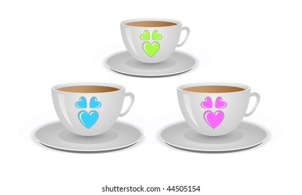 Cups with colored hearts isolated on white. Vector illustration