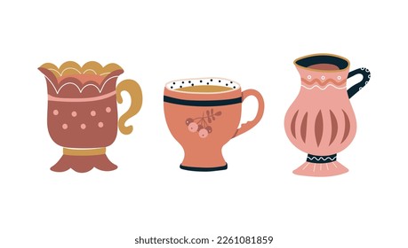 Cups decorated with design elements collection of different modern vector flat illustration. Set of colored mugs filling by beverages isolated. Cute trendy crockery with handle for drink. Vector illus