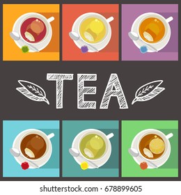 Cups of different kind of tea with bags and hand drawn lettering on black background. Tea assortment: black, green, fruit; herbal tea; rooibos, with lemon. Vector illustration.