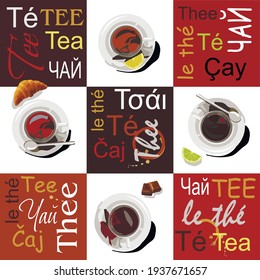 Cups of different types of tea are on saucers. The cups are set on a white background, next to it are slices of lemon, lime. On a brown background the words tea are written in different languages