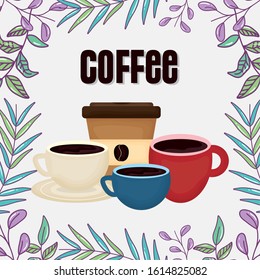 cups and disposable cup fresh beverage coffee time leaves vector illustration