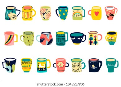 Juego de doodles de tazas. Colección de diferentes tazas modernas de té de café decoradas con elementos de diseño rellenos de bebidas. Vajilla de moda con mango para beber ilustración vectorial. 